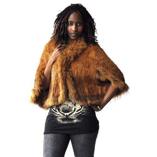 Winter Fur Ladies Whisky Genuine Knitted Mink Cape With Raccoon Trimmings W09K06